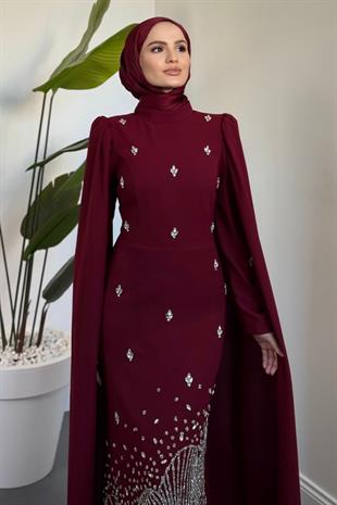 Farah Kolları Pelerinli Abiye Bordo