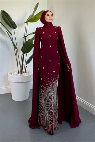 Farah Kolları Pelerinli Abiye Bordo