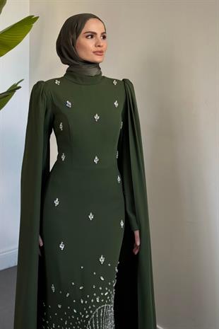 Farah Kolları Pelerinli Abiye Haki