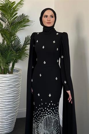 Farah Kolları Pelerinli Abiye Siyah