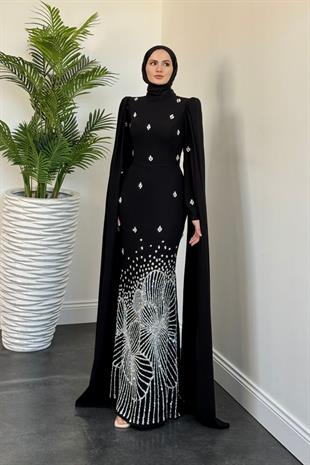 Farah Kolları Pelerinli Abiye Siyah