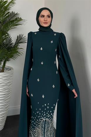 Farah Kolları Pelerinli Abiye Zümrüt