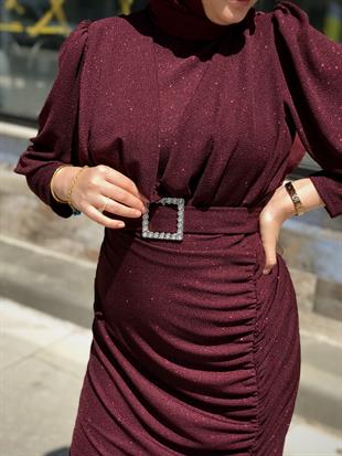Farel Büzgülü Simli Abiye Bordo