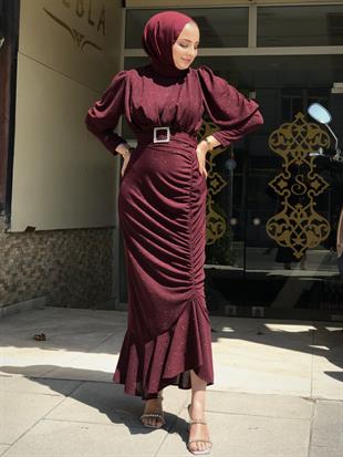 Farel Büzgülü Simli Abiye Bordo