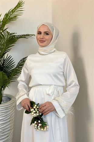 Farzeen Boynu Taşlı Saten Abiye Beyaz