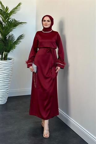 Farzeen Boynu Taşlı Saten Abiye Bordo