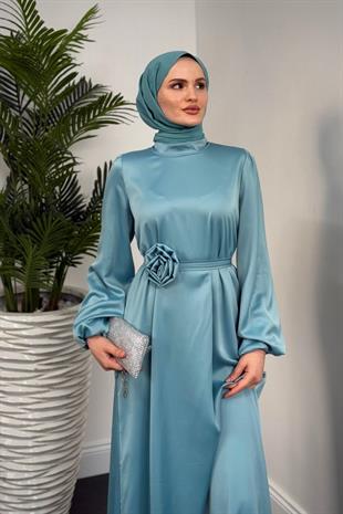 Fayette Kemeri Güllü Elbise Turkuaz