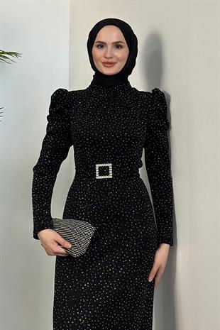 Federica Taşlı Karpuz Kol Abiye Siyah Gümüş Taşlı