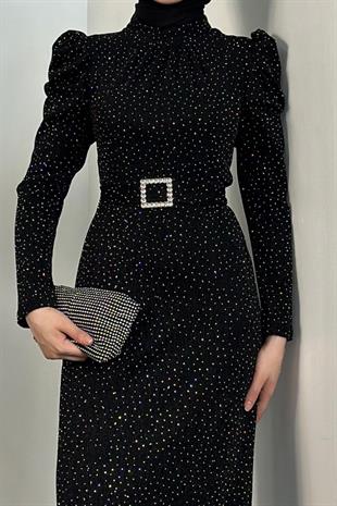 Federica Taşlı Karpuz Kol Abiye Siyah Gümüş Taşlı