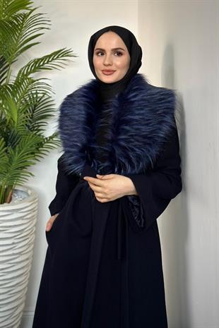 Felicia Yakası Kürklü Astarlı Kaban Lacivert