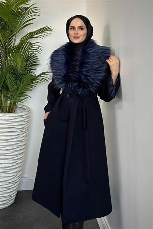 Felicia Yakası Kürklü Astarlı Kaban Lacivert