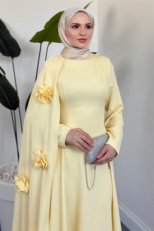 Feline Pelerinli Arkası İpli Abiye Butter Yellow