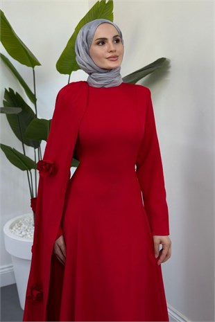 Feline Pelerinli Arkası İpli Abiye Kırmızı 
