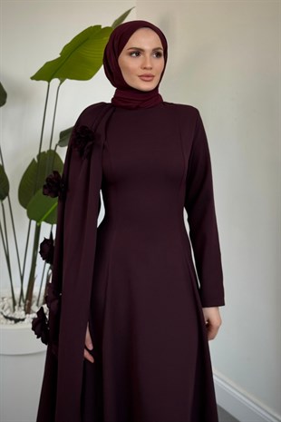 Feline Pelerinli Arkası İpli Abiye Mürdüm