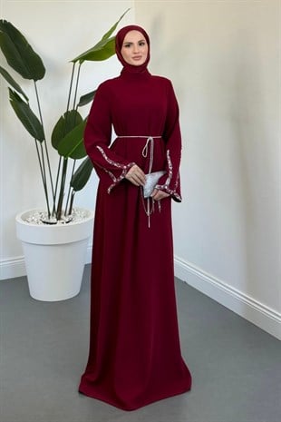Felmira İspanyol Kol Taşlı Abiye Bordo