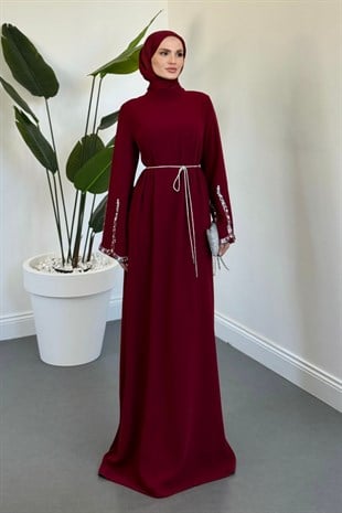 Felmira İspanyol Kol Taşlı Abiye Bordo
