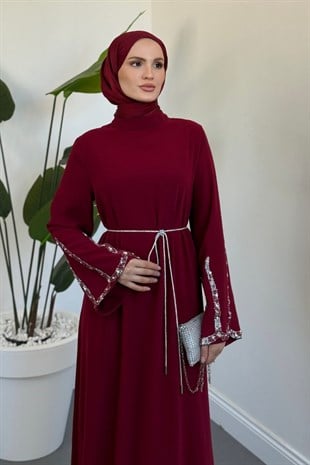 Felmira İspanyol Kol Taşlı Abiye Bordo