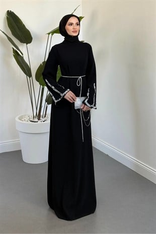 Felmira İspanyol Kol Taşlı Abiye Siyah