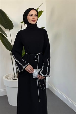Felmira İspanyol Kol Taşlı Abiye Siyah