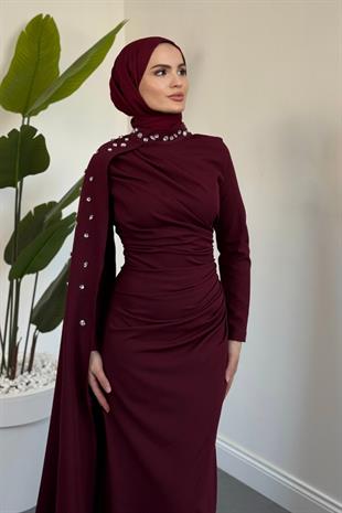 Feranya Yandan Taşlı Pelerinli Balık Abiye Bordo