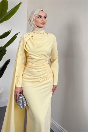 Feranya Yandan Taşlı Pelerinli Balık Abiye Butter Yellow