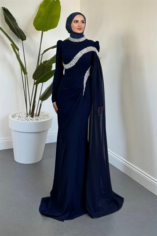 Feriha Yandan Pelerinli Taşlı Özel Tasarım Abiye Lacivert