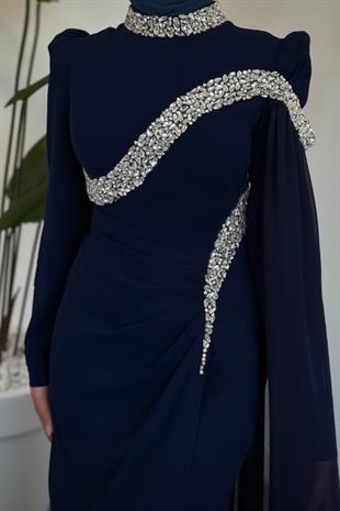 Feriha Yandan Pelerinli Taşlı Özel Tasarım Abiye Lacivert