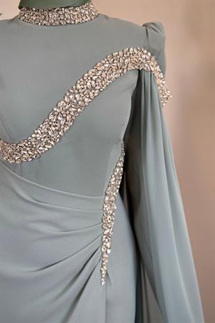 Feriha Yandan Pelerinli Taşlı Özel Tasarım Abiye Mint