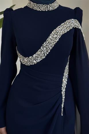 Feriha Yandan Pelerinli Taşlı Özel Tasarım Abiye Lacivert