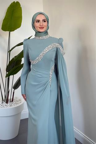 Feriha Yandan Pelerinli Taşlı Özel Tasarım Abiye Mint
