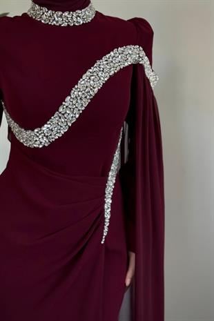 Feriha Yandan Pelerinli Taşlı Özel Tasarım Abiye Vişne Çürüğü