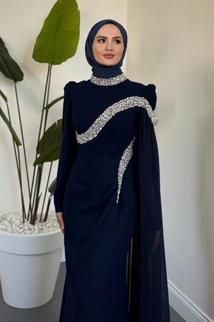Feriha Yandan Pelerinli Taşlı Özel Tasarım Abiye Lacivert