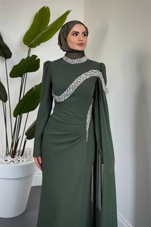 Feriha Yandan Pelerinli Taşlı Özel Tasarım Abiye Haki