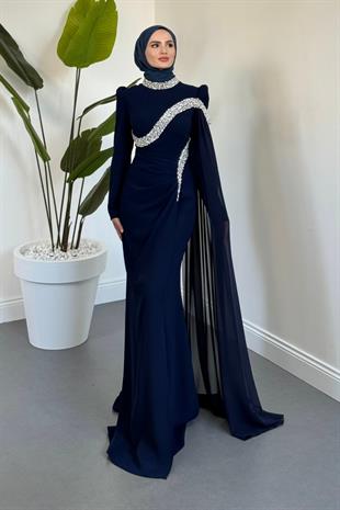 Feriha Yandan Pelerinli Taşlı Özel Tasarım Abiye Lacivert