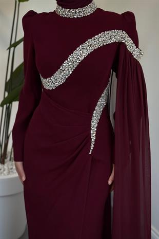 Feriha Yandan Pelerinli Taşlı Özel Tasarım Abiye Vişne Çürüğü