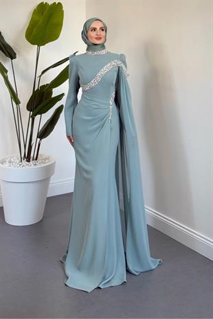 Feriha Yandan Pelerinli Taşlı Özel Tasarım Abiye Mint