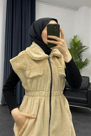 Fermuarlı Peluş Yelek Bej