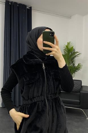 Fermuarlı Peluş Yelek Siyah