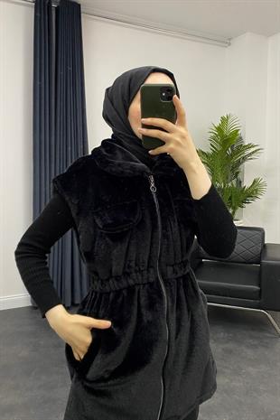 Fermuarlı Peluş Yelek Siyah