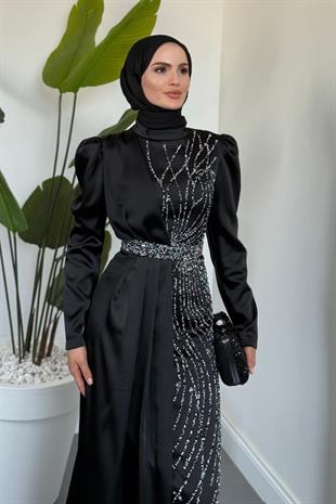 Fery Pelerinli Taşlı Saten Abiye Siyah