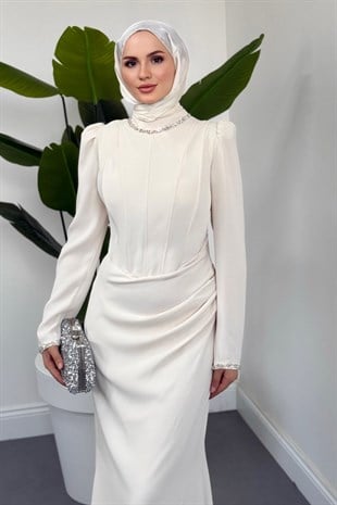 Firella Drapeli Taşlı Balık Abiye Ekru 