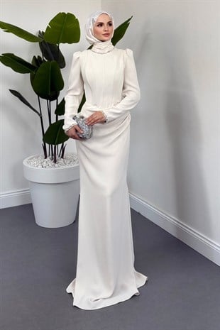 Firella Drapeli Taşlı Balık Abiye Ekru 