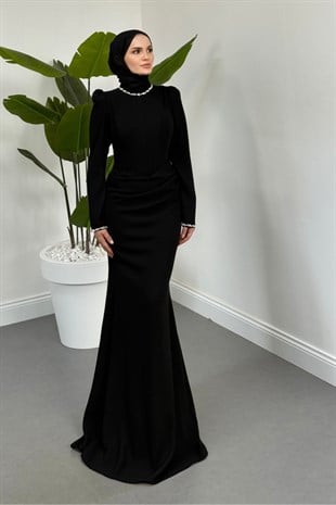 Firella Drapeli Taşlı Balık Abiye Siyah 