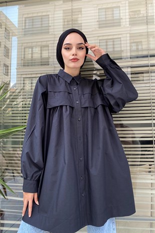 Fırfırlı Düğmeli Tunik Siyah