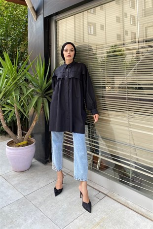 Fırfırlı Düğmeli Tunik Siyah