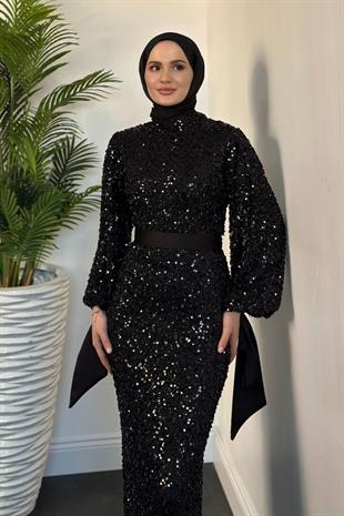 Firida Pul Payet Balık Abiye Siyah