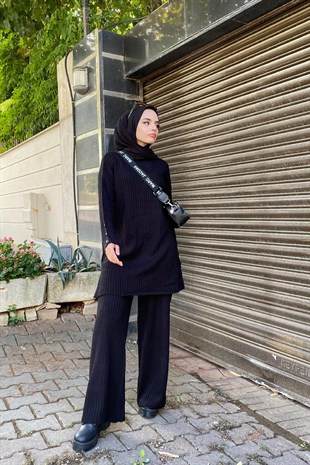 Fitilli Pantolonlu Takım Siyah