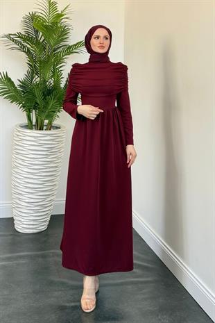 Flora Üstü Pelerinli Elbise Bordo