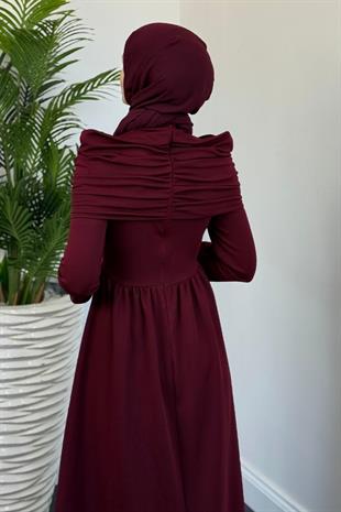 Flora Üstü Pelerinli Elbise Bordo