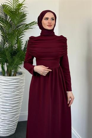 Flora Üstü Pelerinli Elbise Bordo